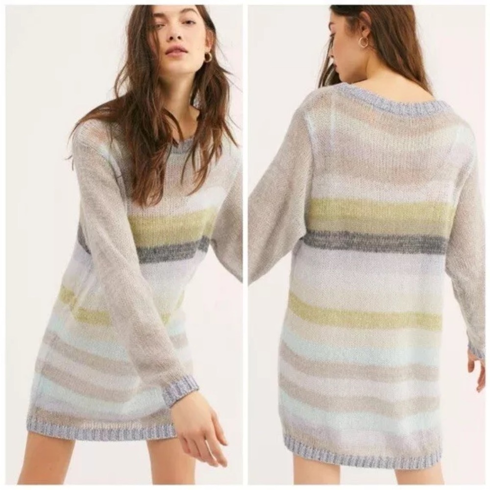 Free People Alpaca Bright it Up Knit Striped Mini Sweater Dress Mohair Wool XS